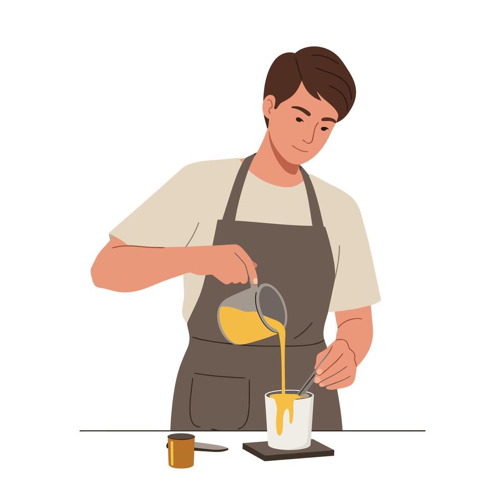 Person pouring liquid into a container in flat minimal art vector
