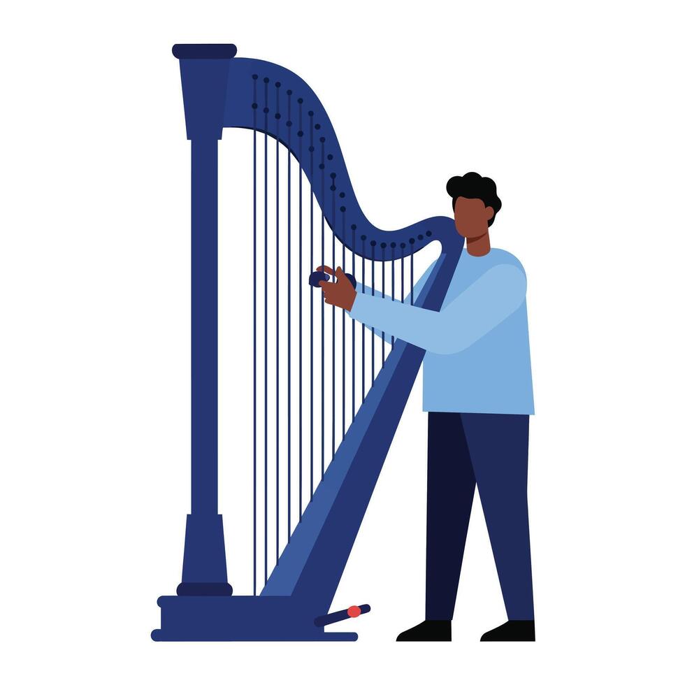 Harp player in flat design style creating beautiful music art vector