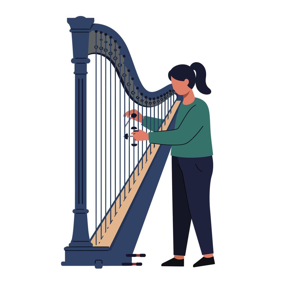 Woman playing harp in detailed flat style art vector