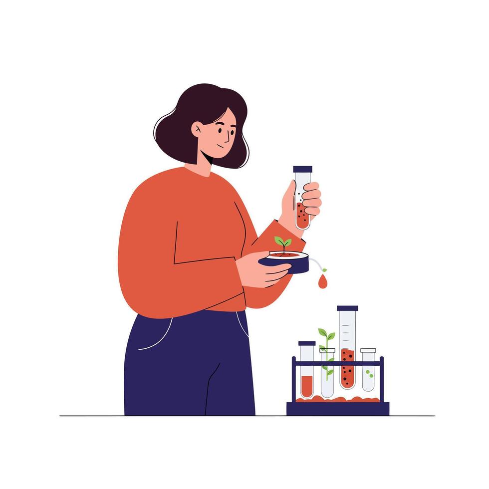 Woman conducting experiments in a laboratory with plants, flat art vector