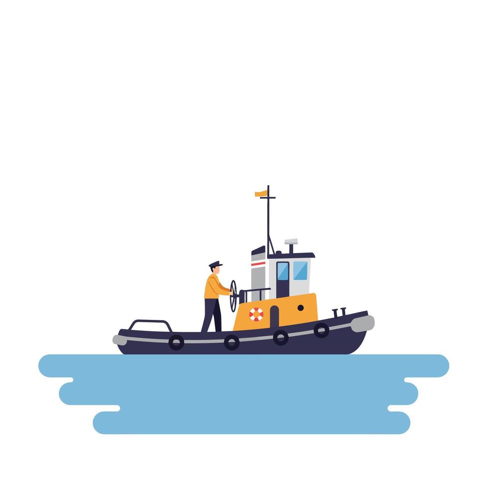 Tugboat navigating water with captain at helm in flat art vector
