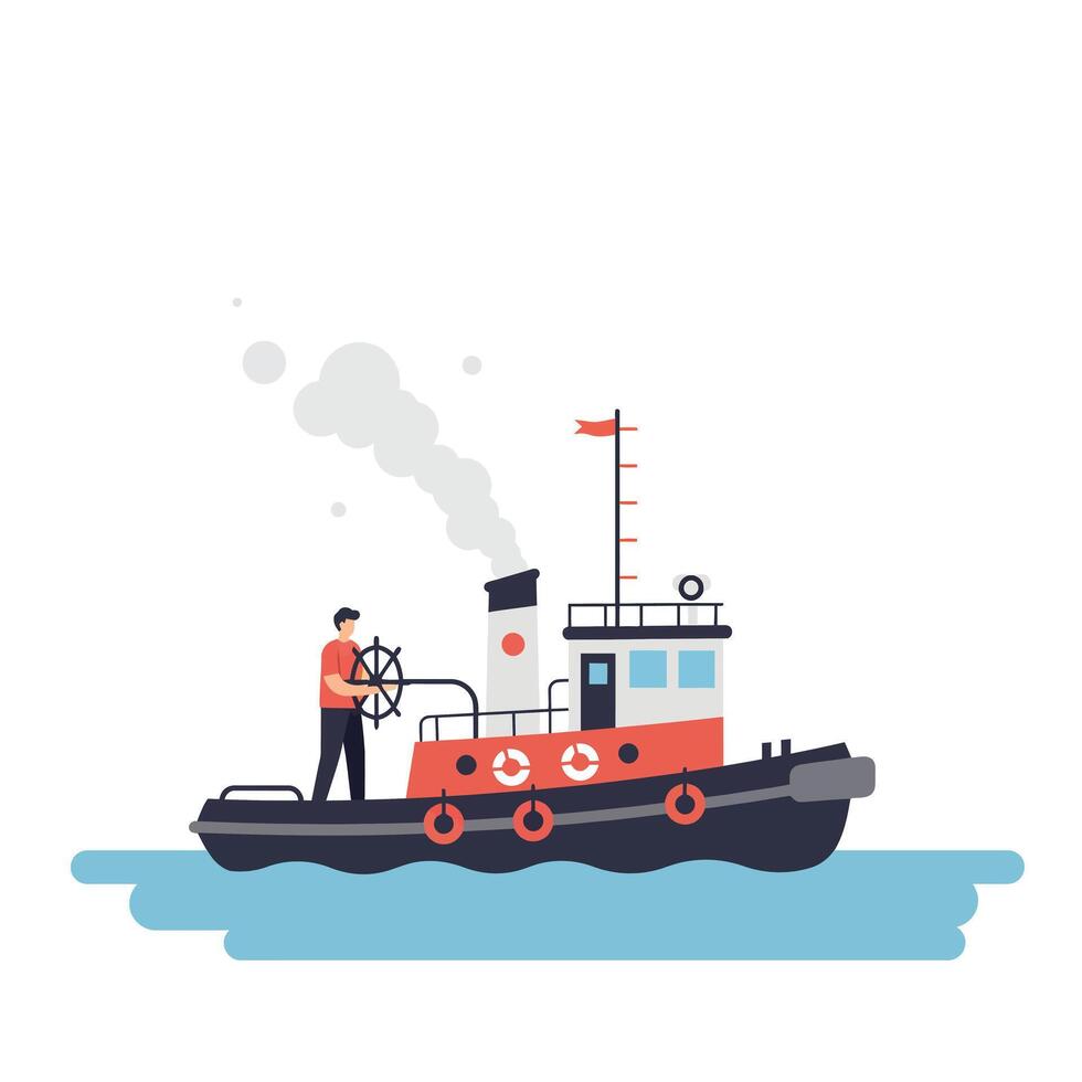 Tugboat with Captain Steering in Flat Minimal Art Style vector