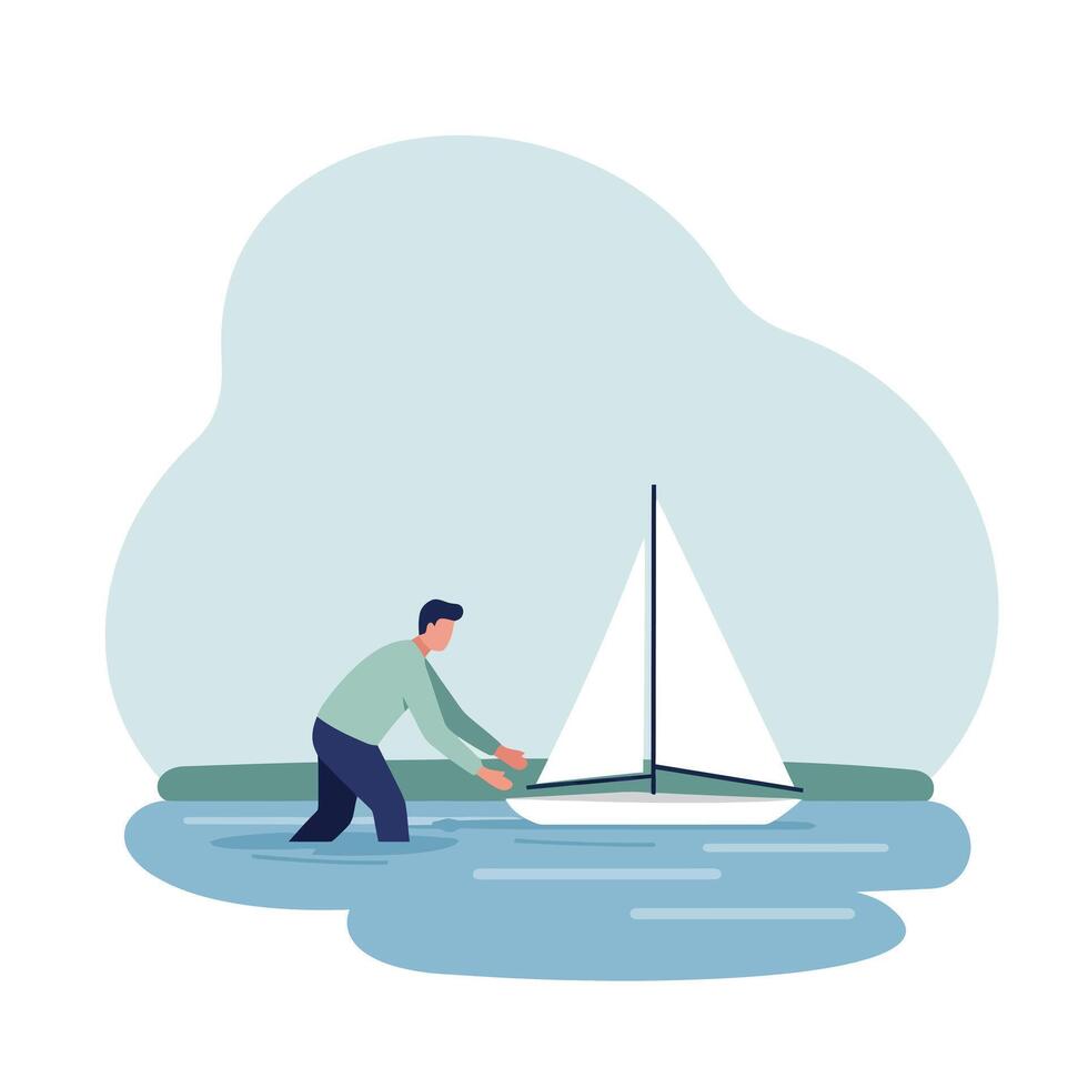 Man adjusting sail on boat in calm water flat illustration vector