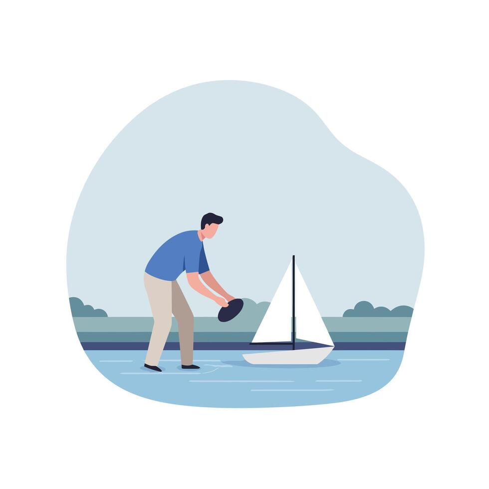 Man launching a small sailboat in a calm lake flat art vector