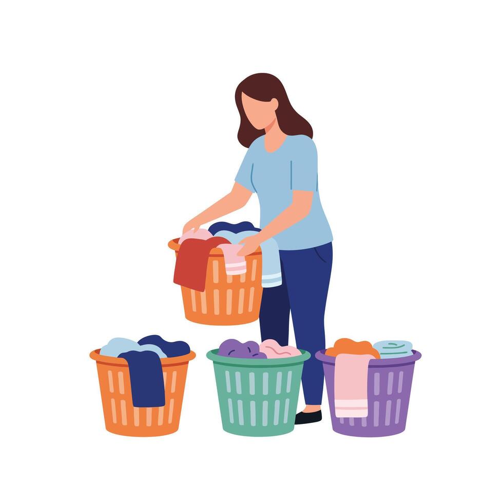 Woman organizing laundry baskets in a flat and colorful art style illustration vector