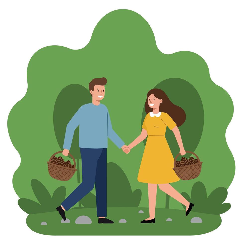 Couple holding hands while carrying baskets in flat art vector