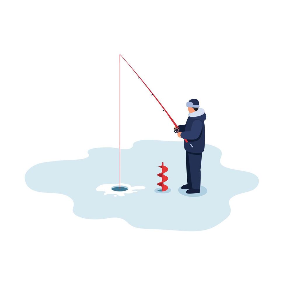 Fisherman engaged in ice fishing with minimal design elements in art vector