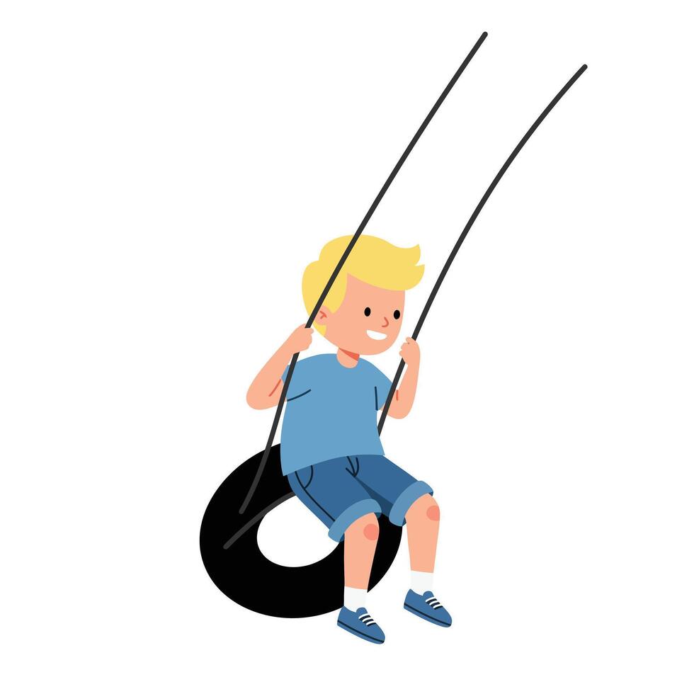 Happy child swinging joyfully on a tire swing in flat art vector