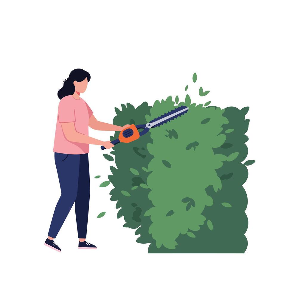 Woman trimming a bush in a flat, minimal design illustration vector