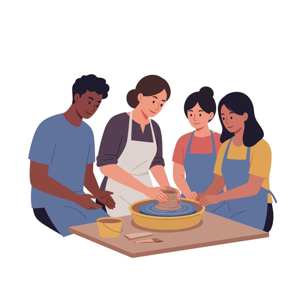 Group of people learning pottery techniques in flat illustration vector