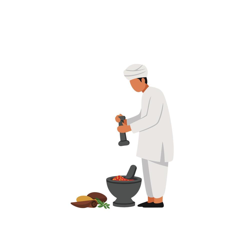 Chef grinding spices in traditional attire with flat design art vector
