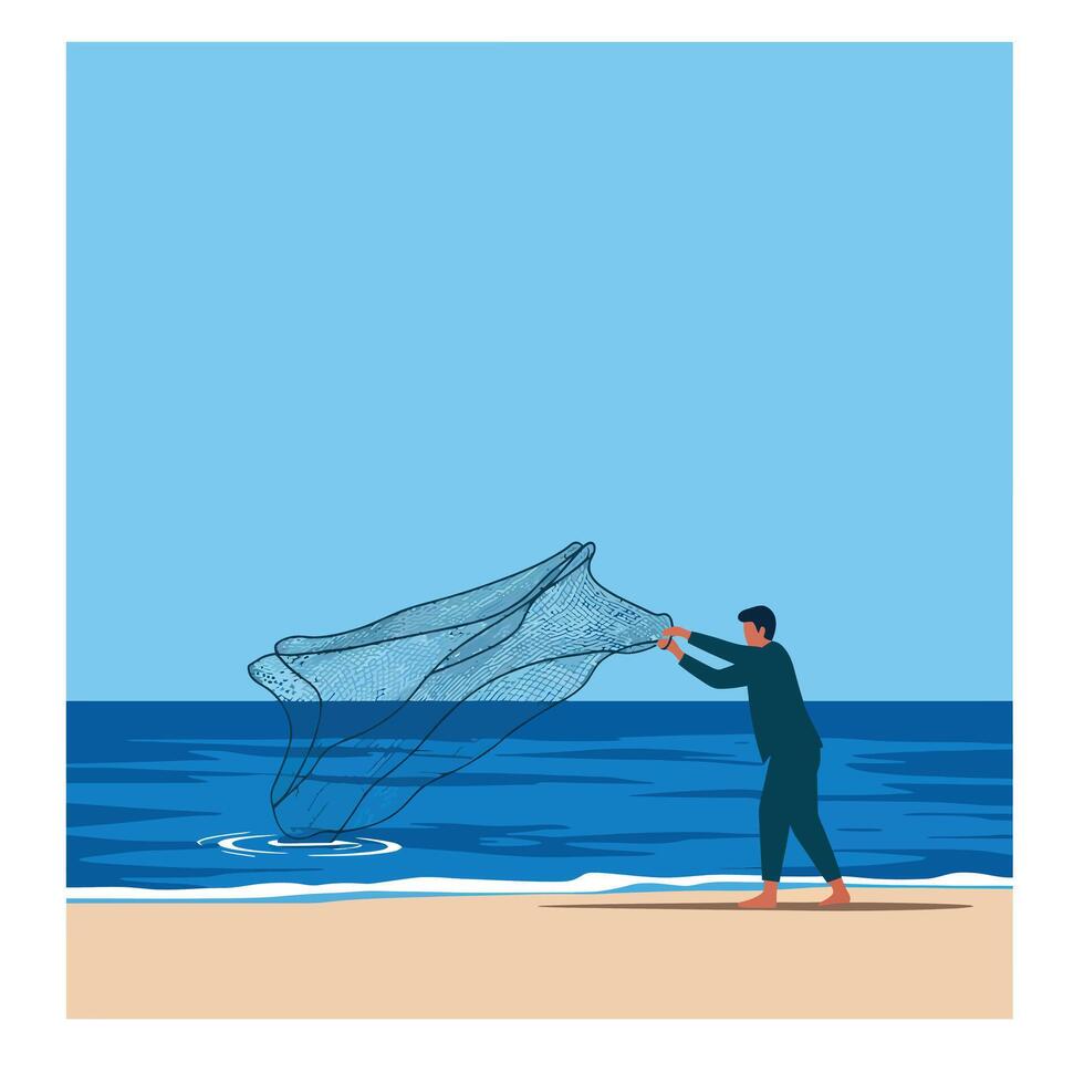 Fisherman throwing net in flat design style art vector