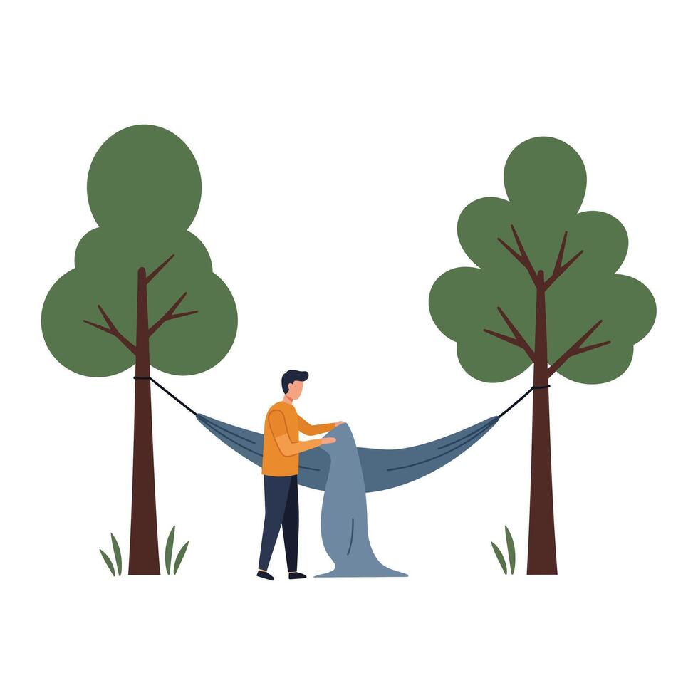 Person setting up a hammock between two trees in flat art vector