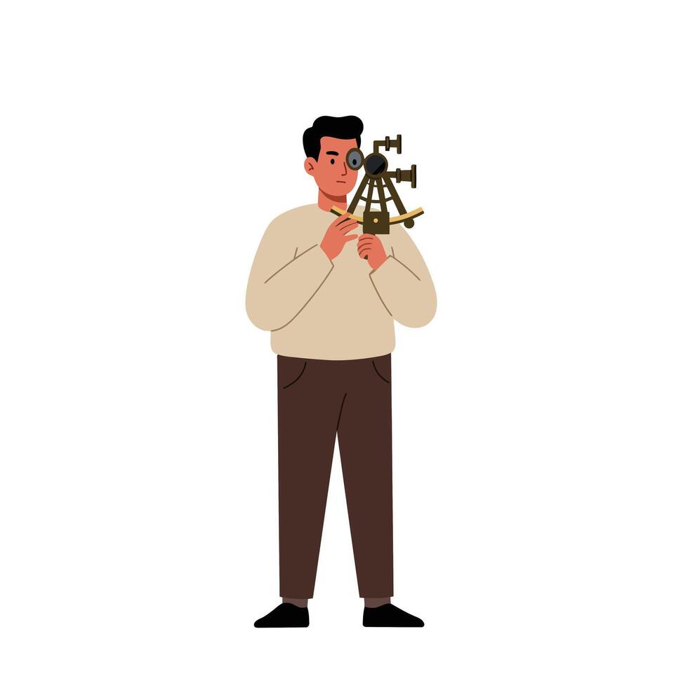 Man holding a surveying instrument in flat art style for engineering projects vector