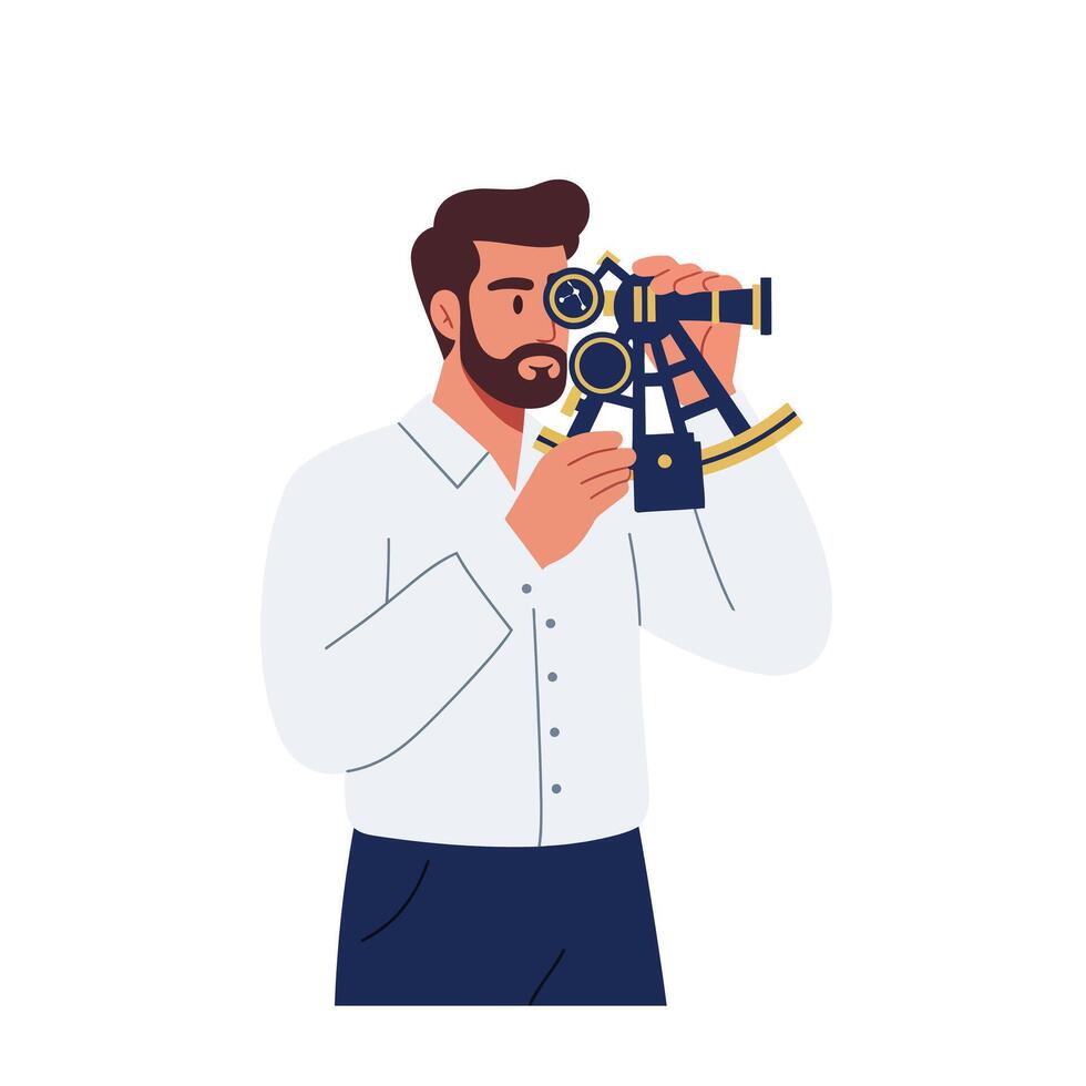 Man observing landscape with a theodolite in minimal art style vector