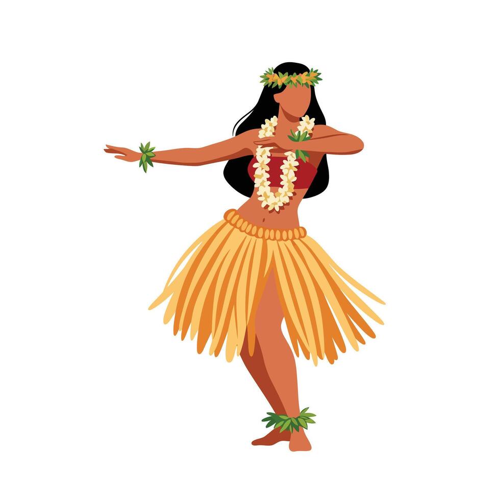 Hula dancer in traditional attire performing graceful movements flat illustration vector