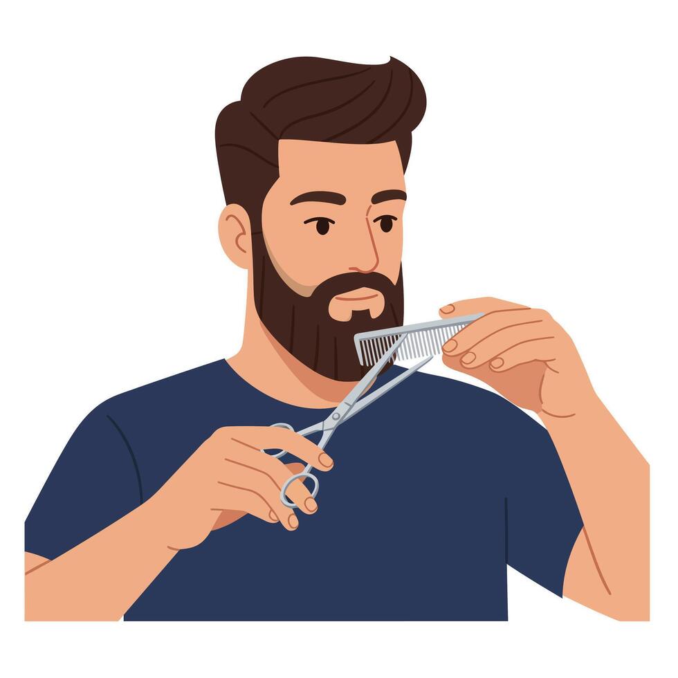 Man using scissors and comb for beard grooming in a casual setting vector