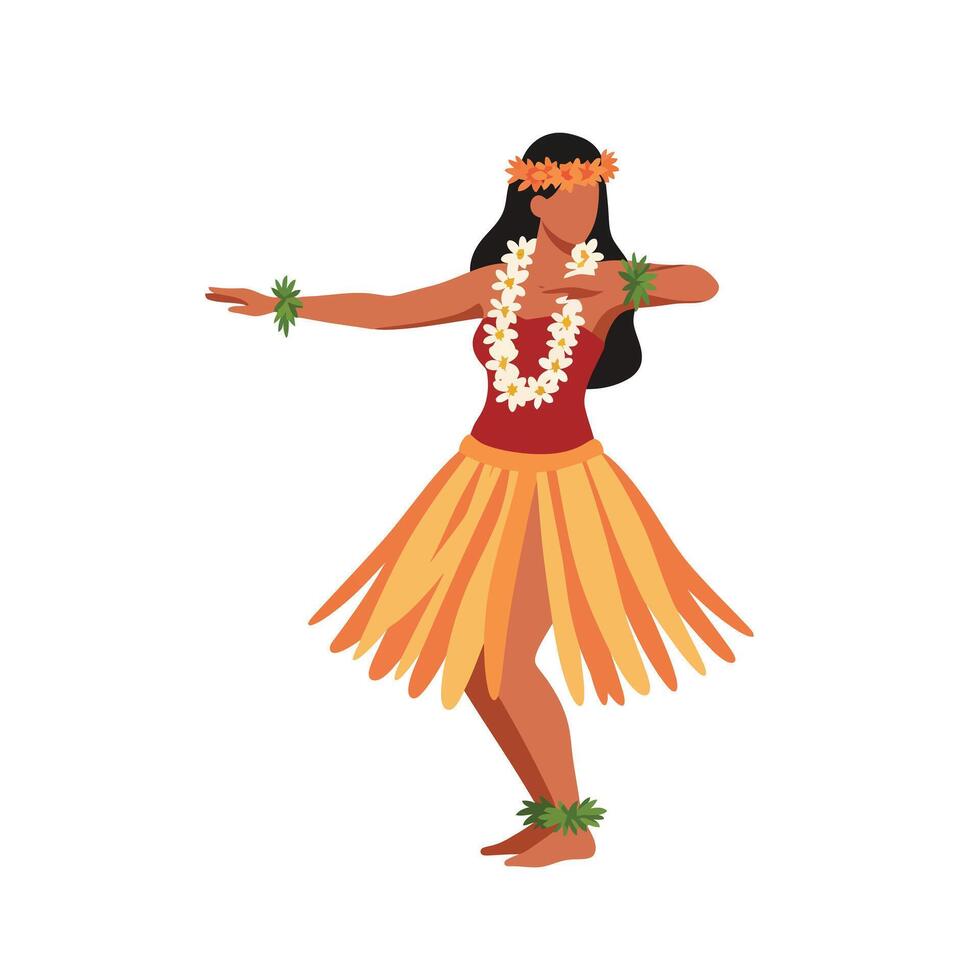 Hula dancer in vibrant attire performing traditional movements in flat art vector