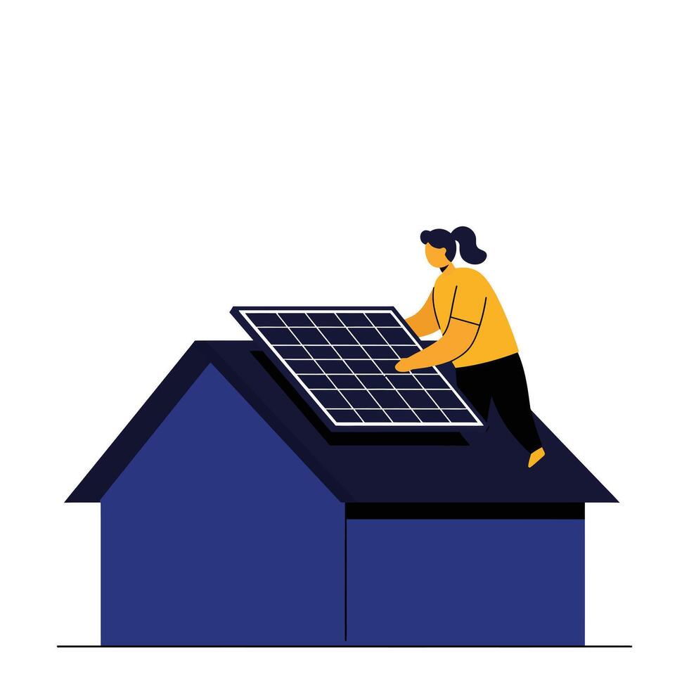 Woman installing solar panels on a blue house rooftop in a modern style vector