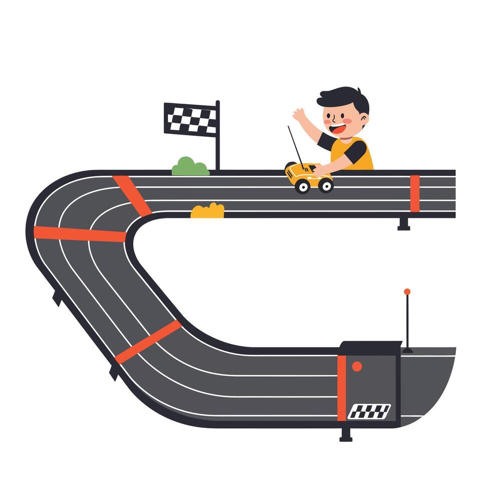 Child joyfully racing toy car on a winding track with a finish line flag vector