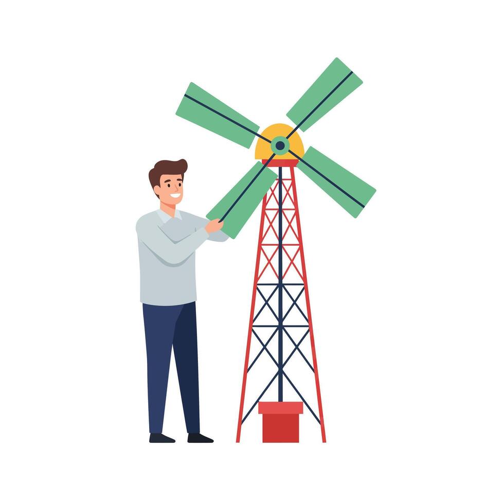 Man adjusting wind turbine blades during maintenance in a rural setting vector