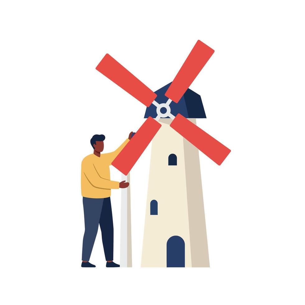 Man adjusting windmill blades in a rural setting with bright colors and clear skies vector