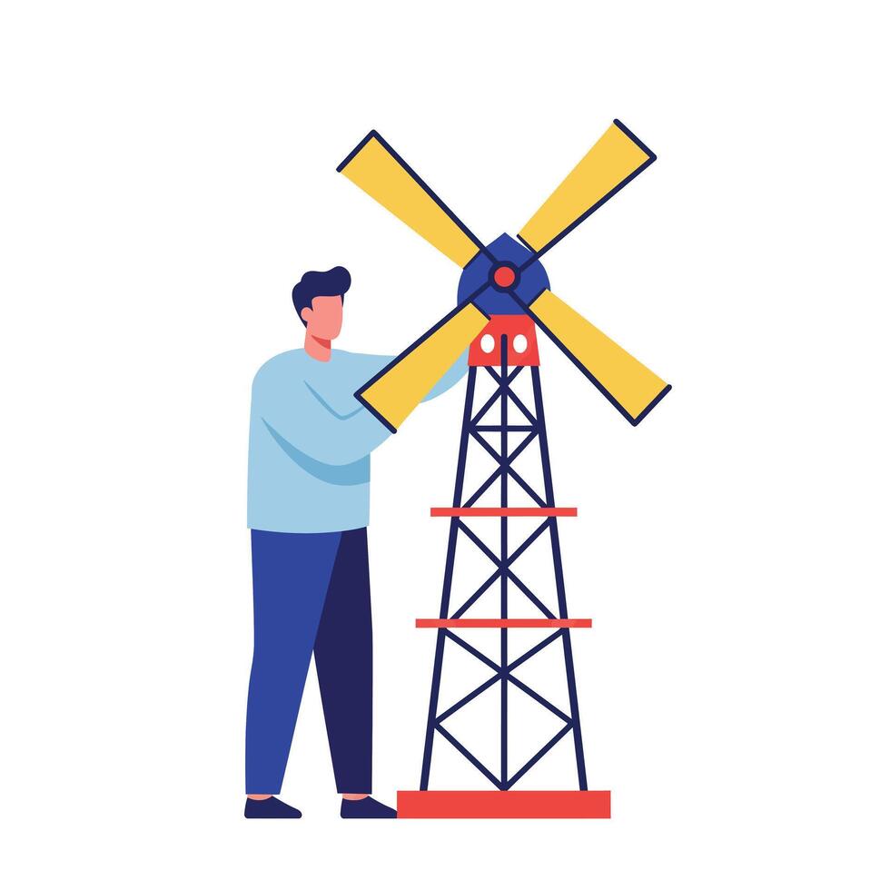 Man adjusting windmill blades in a colorful, modern illustration style vector