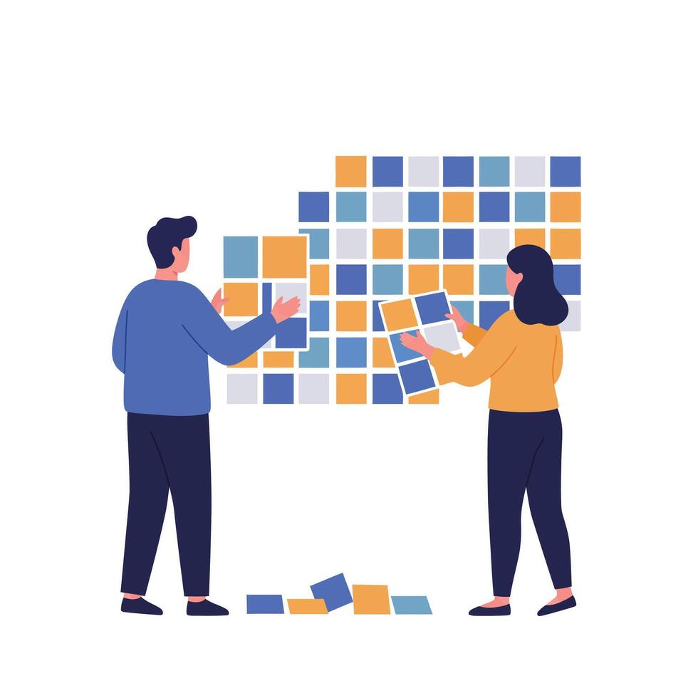 Two individuals collaborating on a colorful wall design with square tiles and patterns vector