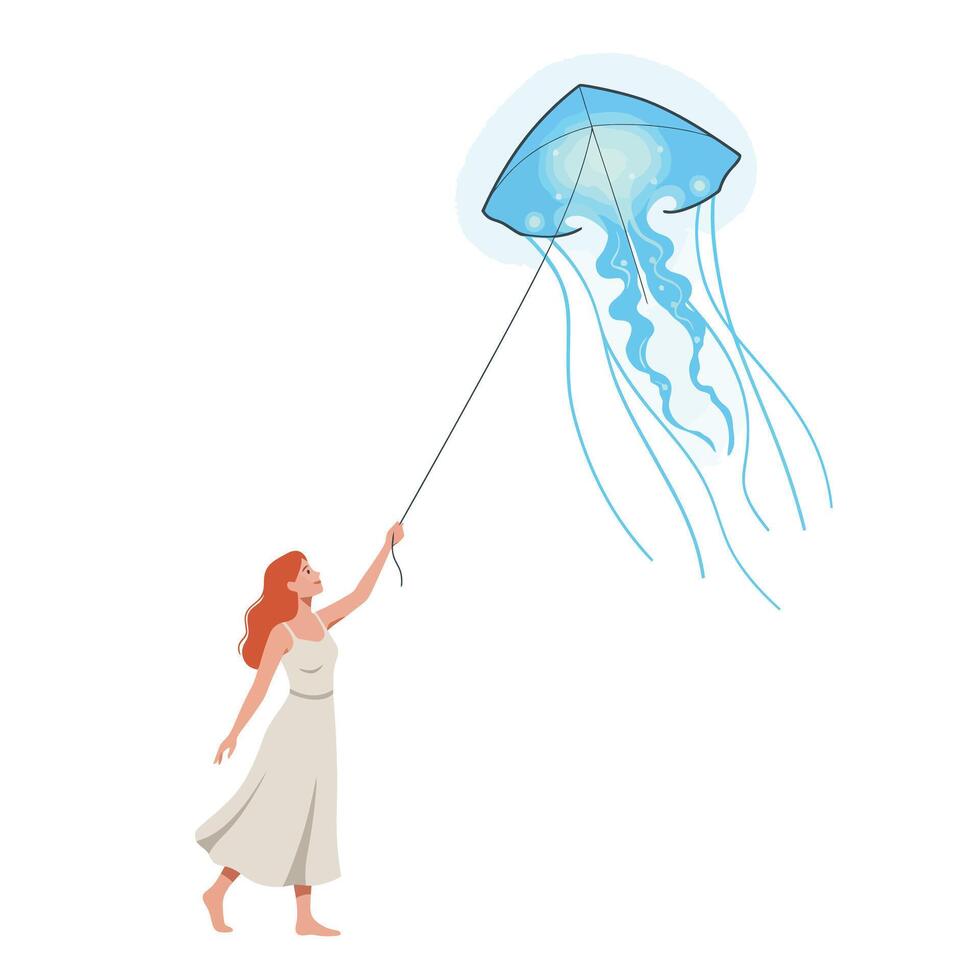 Woman in flowing dress flying a kite shaped like a jellyfish in the sky vector