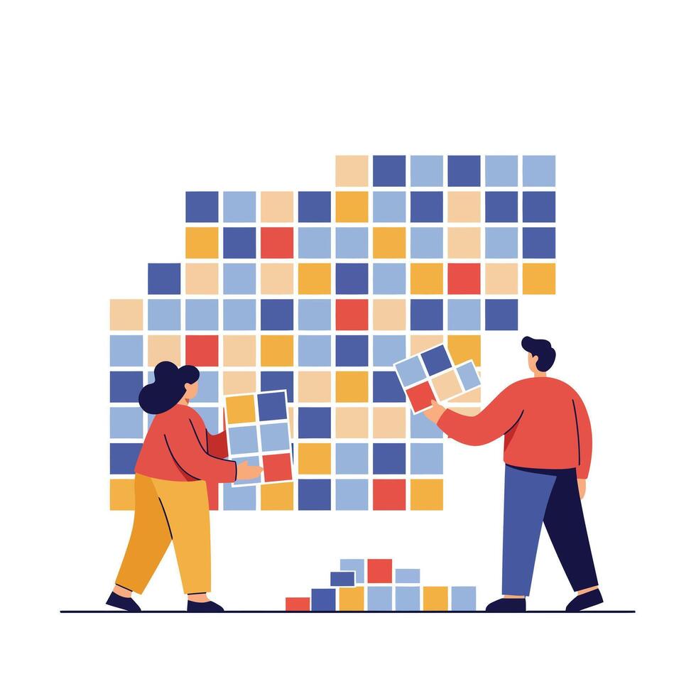Two people arranging colorful tiles on a wall in a collaborative art project vector