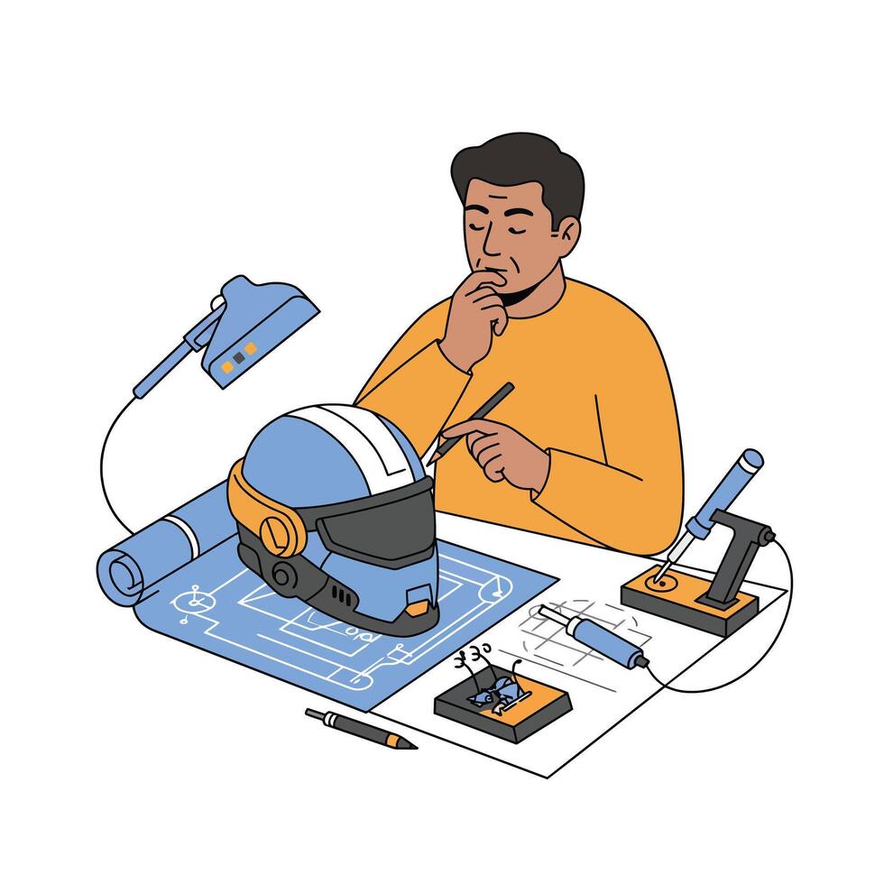 Man designing a futuristic helmet with tools and blueprints on the table vector