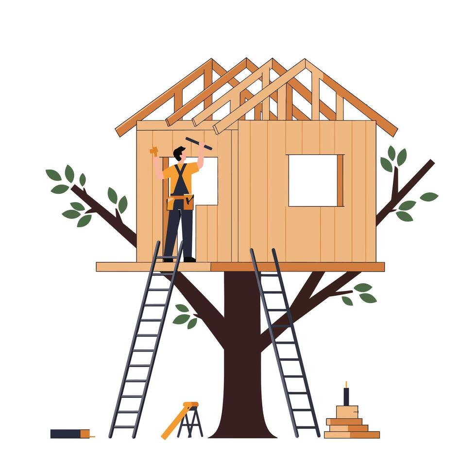 Construction of a wooden tree house with a worker on a ladder vector