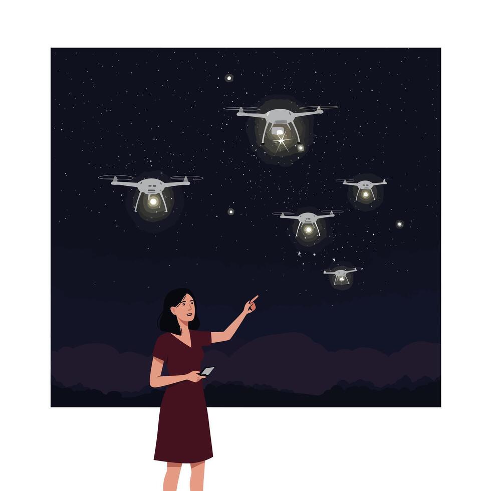 Woman pointing at drones flying in the night sky with stars shining brightly vector