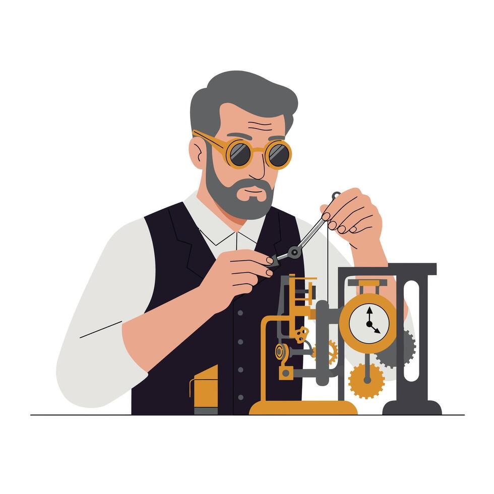 Skilled craftsman working with intricate clock mechanism using tools and precision techniques vector
