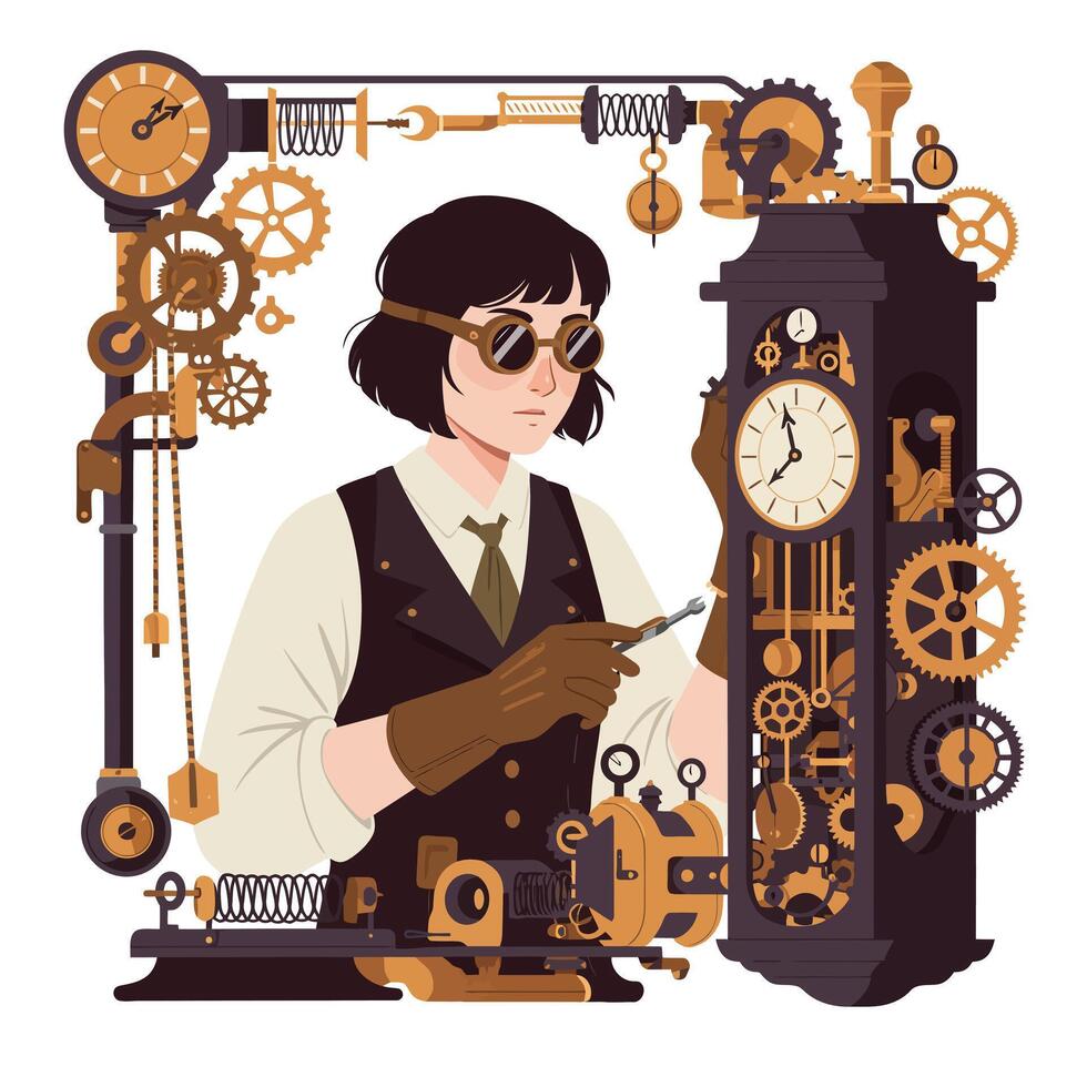 Artisan working on a clock with gears in a steampunk style workshop vector