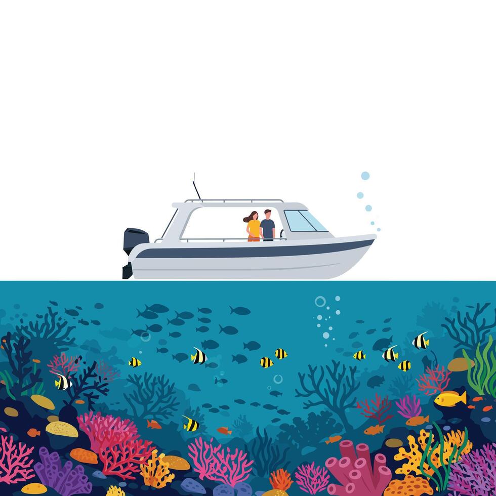 Boat floating above vibrant coral reef teeming with colorful fish and marine life vector