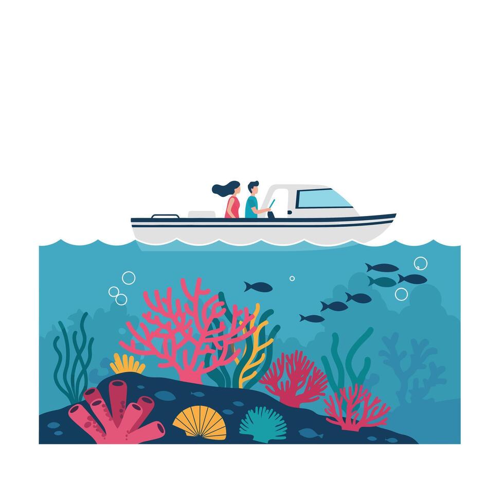 Tourists on a boat observing vibrant coral reefs underwater during a sunny day and vector