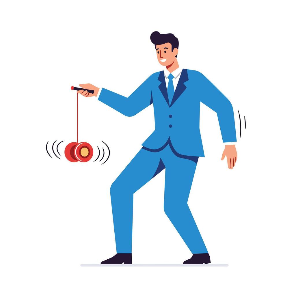Businessman playing with a yo-yo in a blue suit, showcasing skills and focus vector