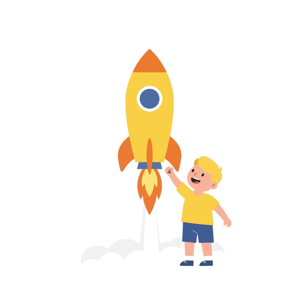 Child excitedly preparing to launch a colorful rocket into the sky vector