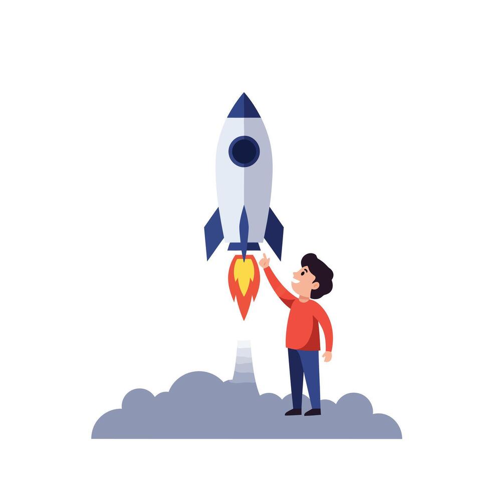 Boy launching a rocket into the sky with flames and smoke below vector