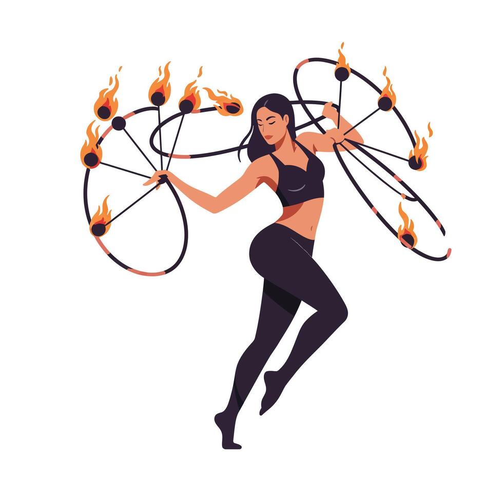 Dynamic performer spinning flaming poi in an energetic dance routine vector