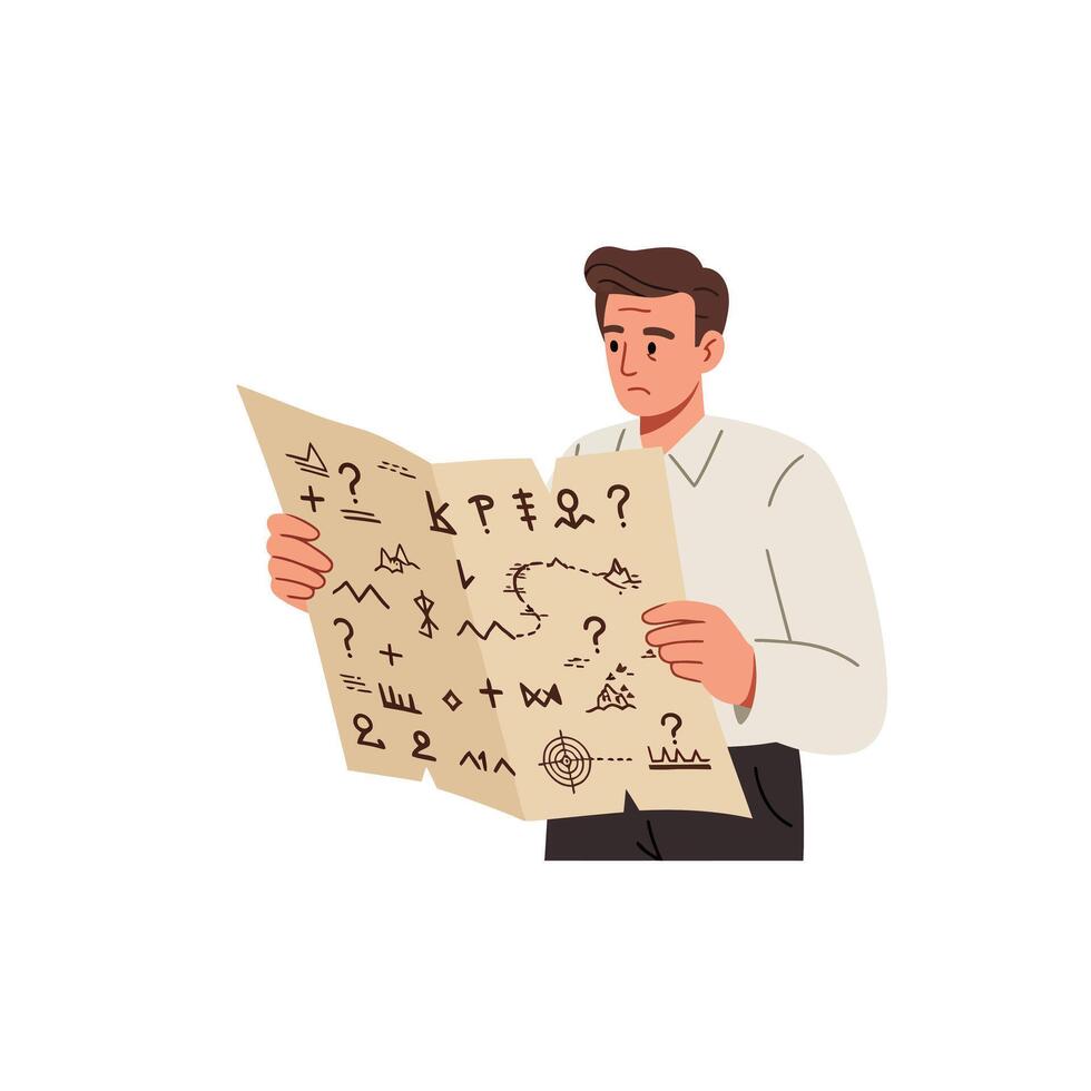 Man studying ancient map with mysterious symbols and markings in his hands vector