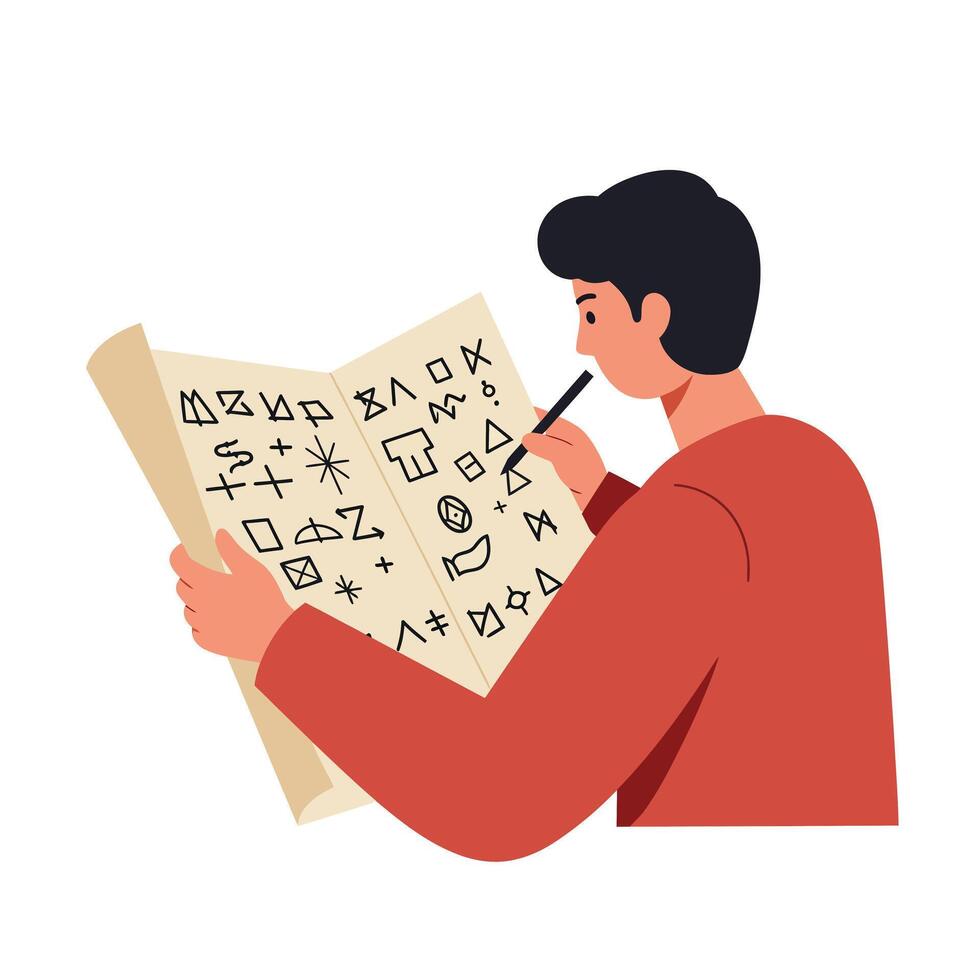 Young man sketching various symbols and shapes on a large piece of paper vector