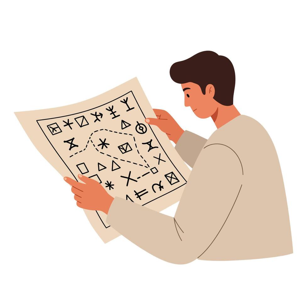 Person examining ancient symbols on a parchment with curiosity and focus vector