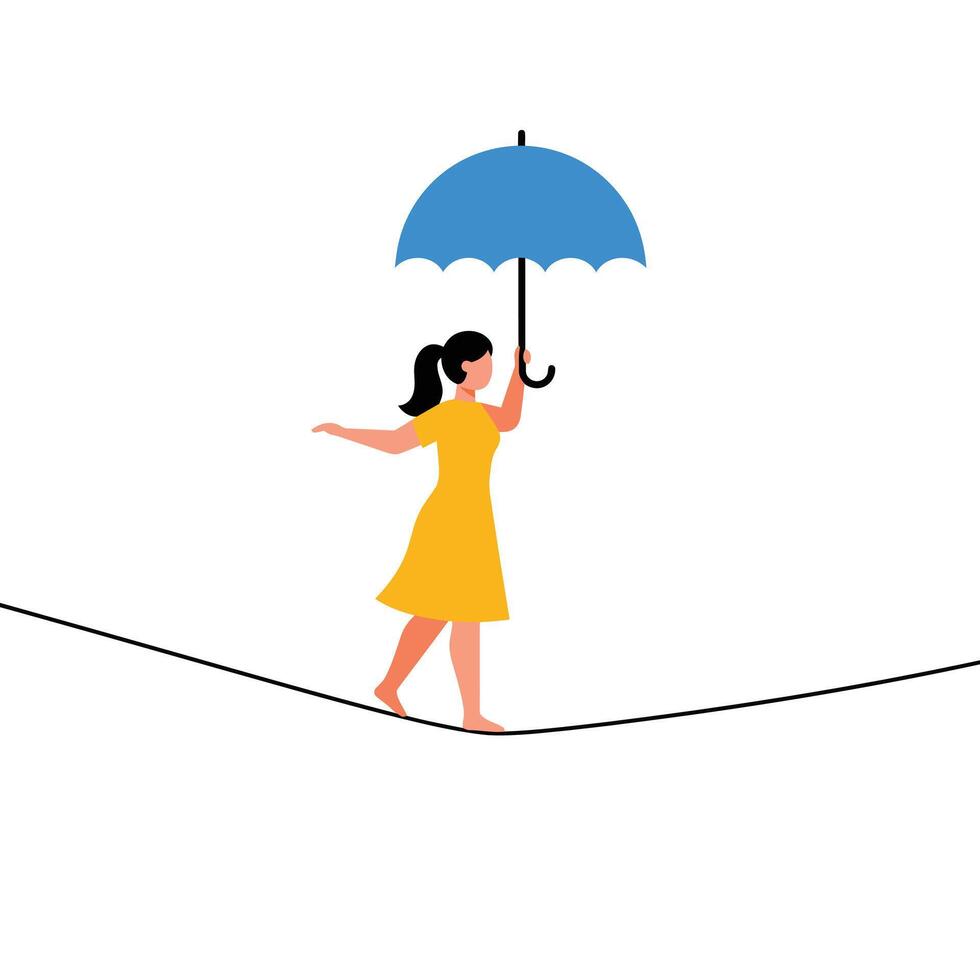 Woman in yellow dress balancing with blue umbrella on a thin line vector