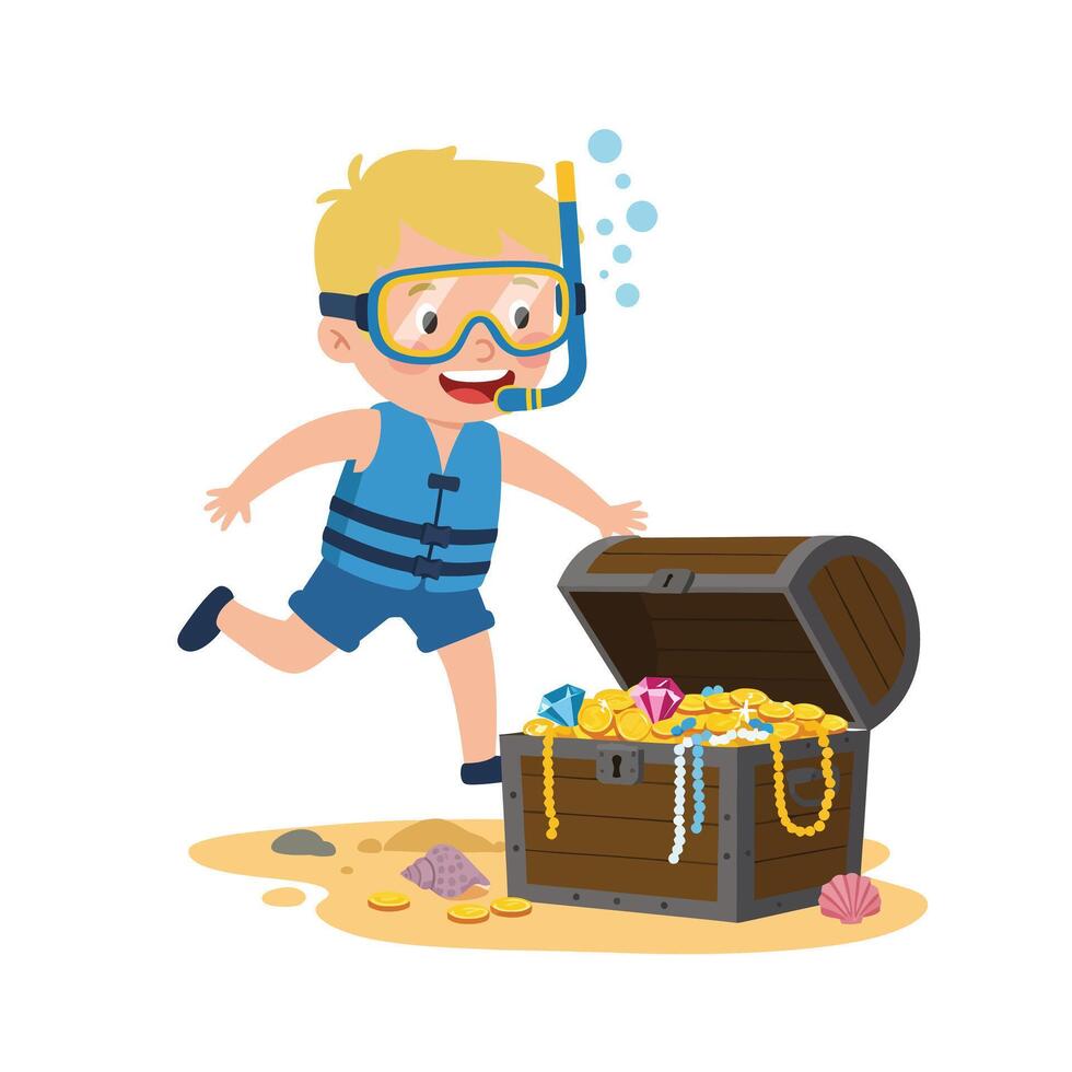 Excited child discovering treasure chest filled with jewels and coins at the beach vector