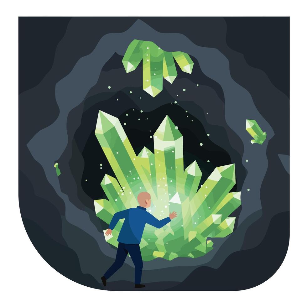 Man exploring a cave filled with large, glowing green crystals and sparkling elements vector