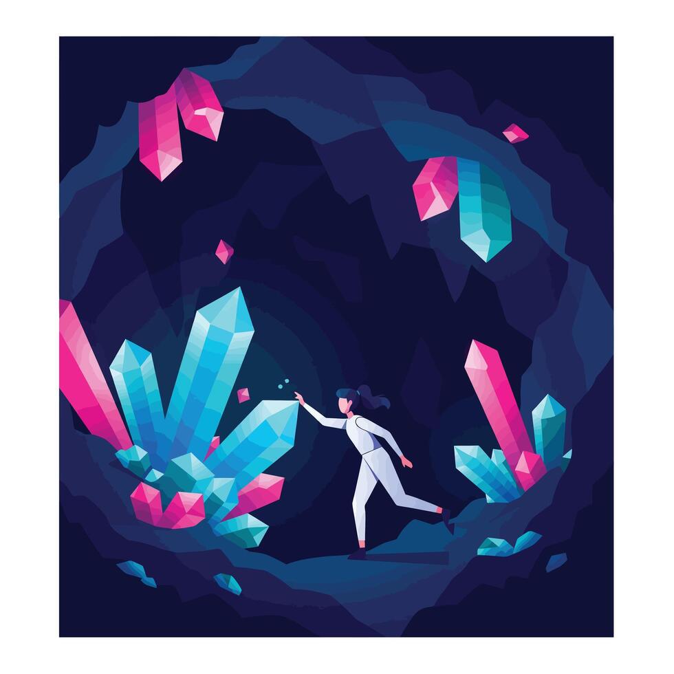 Exploring a cave filled with vibrant pink and blue crystals and glowing light vector