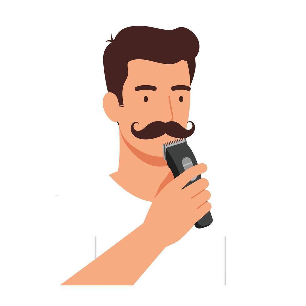 Man grooming mustache with electric trimmer in minimalistic illustration design vector