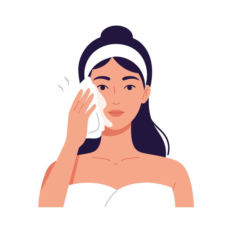Woman gently cleansing her face with a soft cloth in a spa-like setting vector
